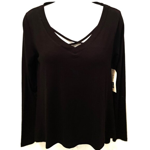 NWT Size Small Black LS Tee Criss Cross Neck SUPER SOFT EYE CANDY - Picture 1 of 8